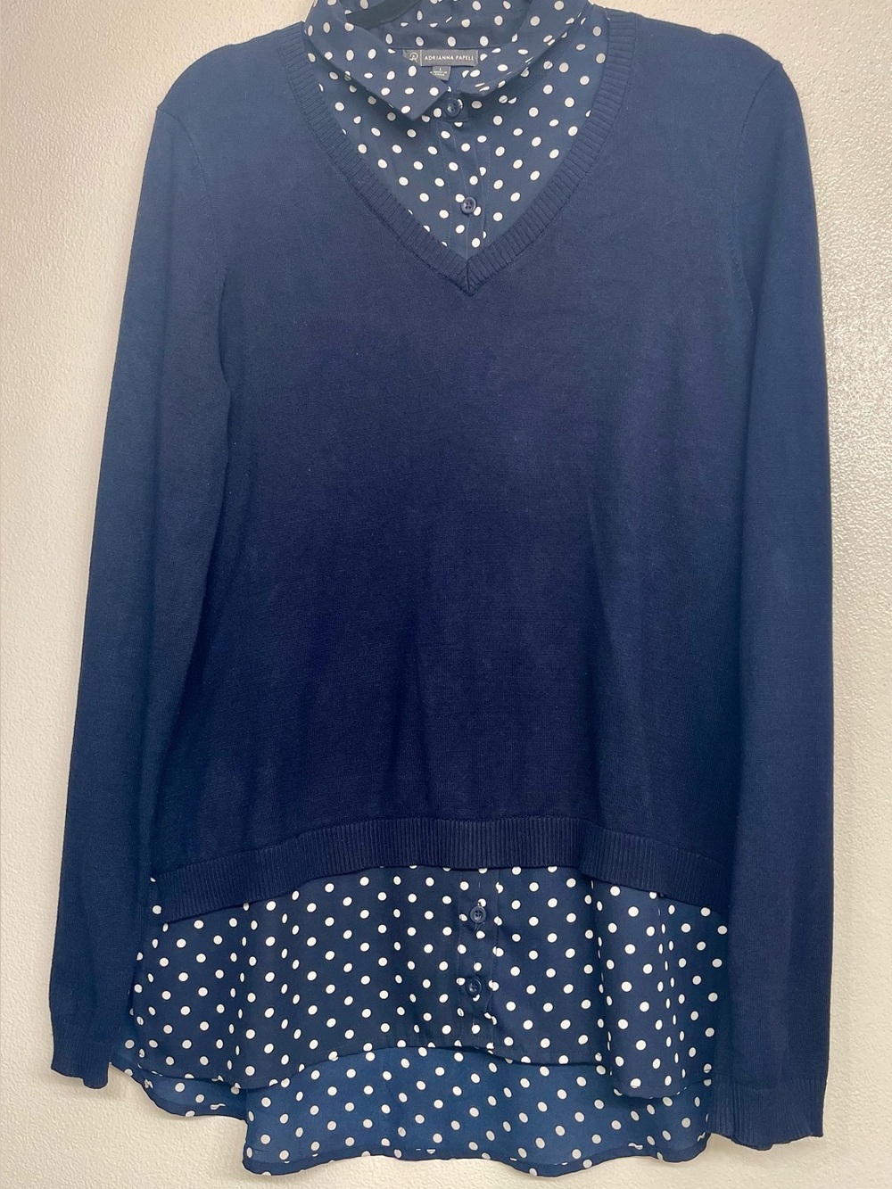 Adrianna Papell Navy and Cream Polka Dot Button-Front Blouse